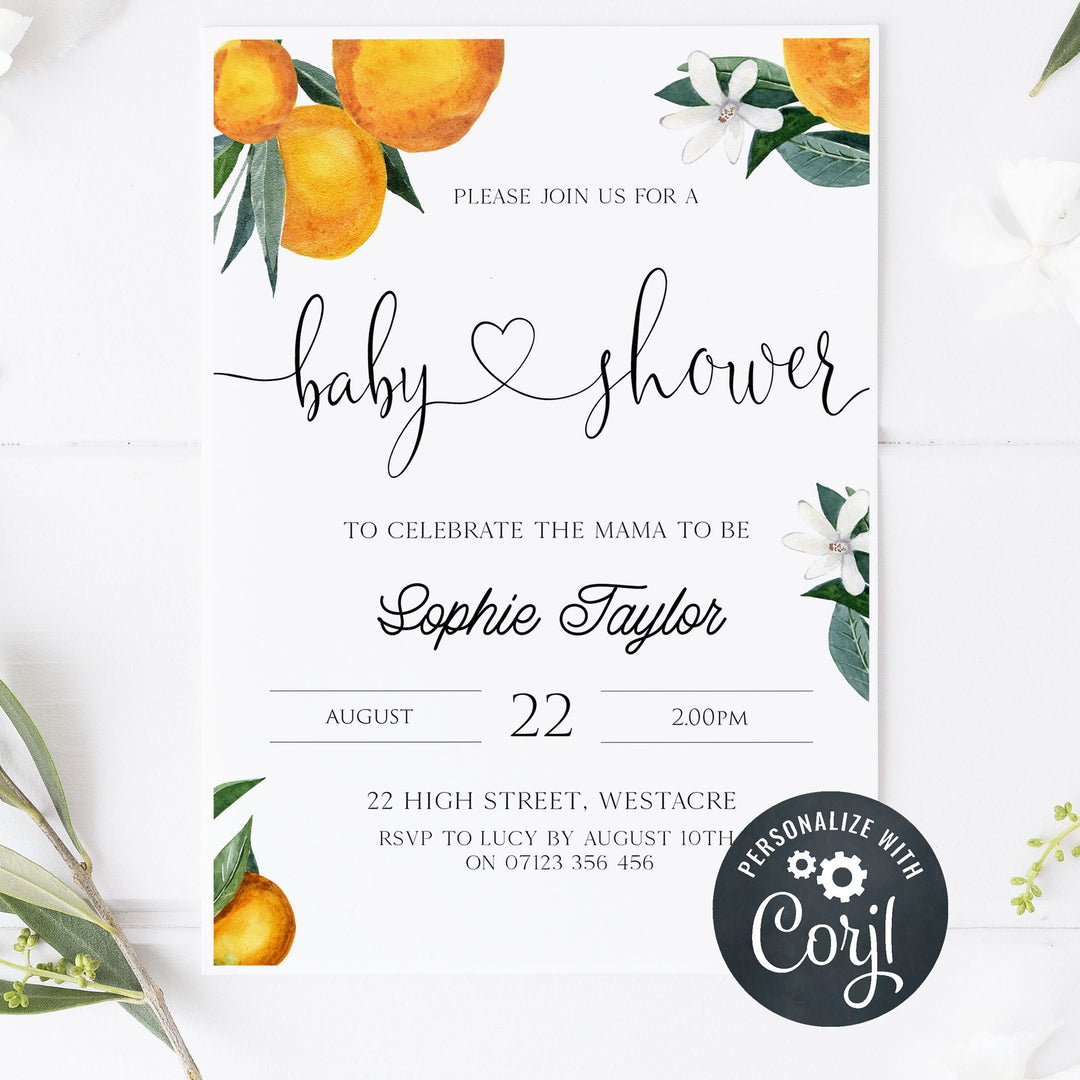 editable baby shower invitations, printable baby shower invitations, citrus orange baby shower theme, citrus baby shower, baby shower invites