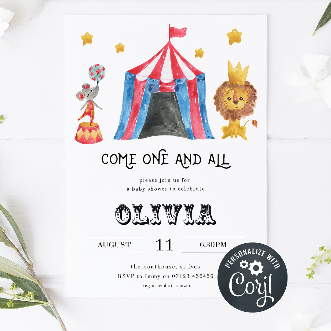 circus baby shower invitations, editable baby shower invitations, printable baby shower invitations, carnival baby shower invitations, fun baby shower invites