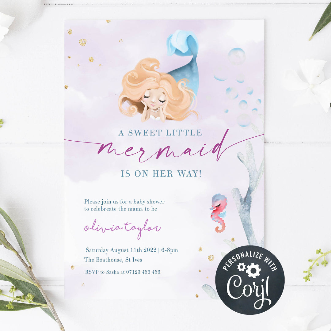 editable little mermaid baby shower invitations, printable baby shower invitations, little mermaid baby shower, editable baby shower invitations