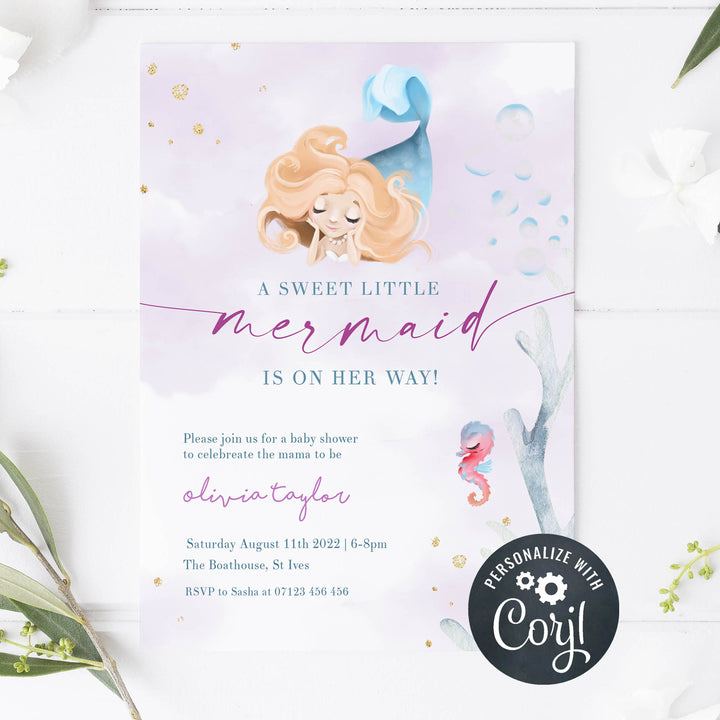 editable little mermaid baby shower invitations, printable baby shower invitations, little mermaid baby shower, editable baby shower invitations
