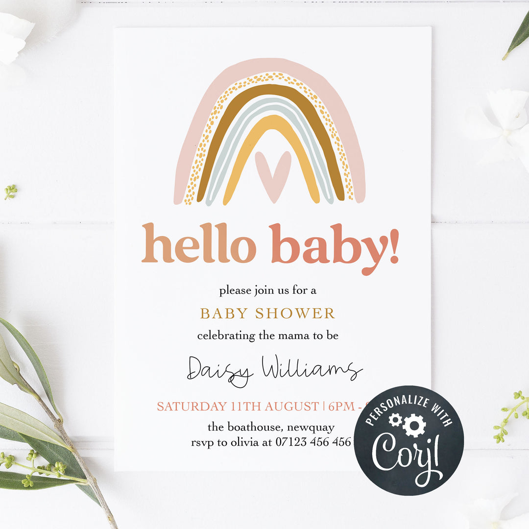 editable boho rainbow baby shower invitations, printable baby shower invitations, boho rainbow baby shower theme, baby shower invites