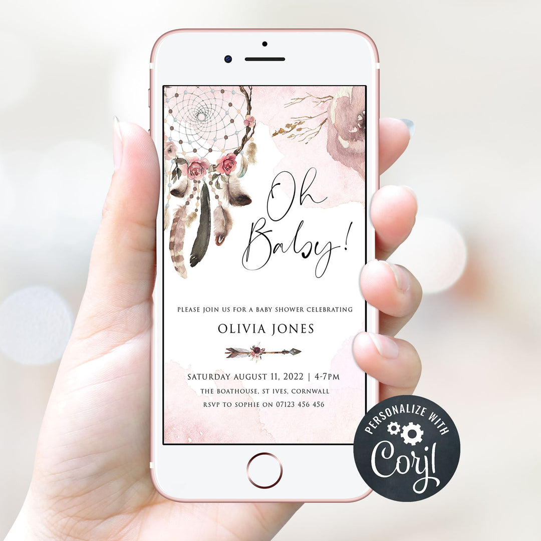 editable baby shower mobile invitation, editable baby shower invites, boho baby shower invitations, boho baby invites, editable mobile invitation