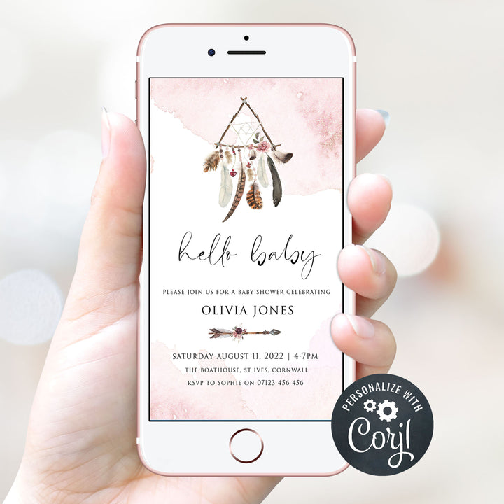 editable mobile baby shower invitations, editable boho baby shower invitations, editable cell phone baby shower invitations