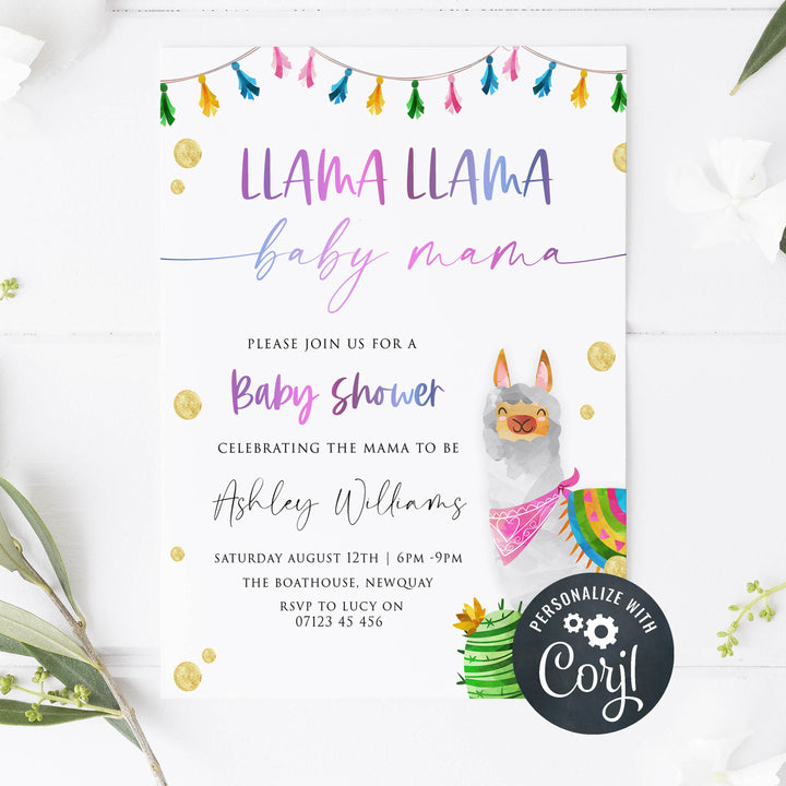 editable llama fiesta baby shower invitations, printable baby shower invitations, llama baby shower theme, llama baby shower invites