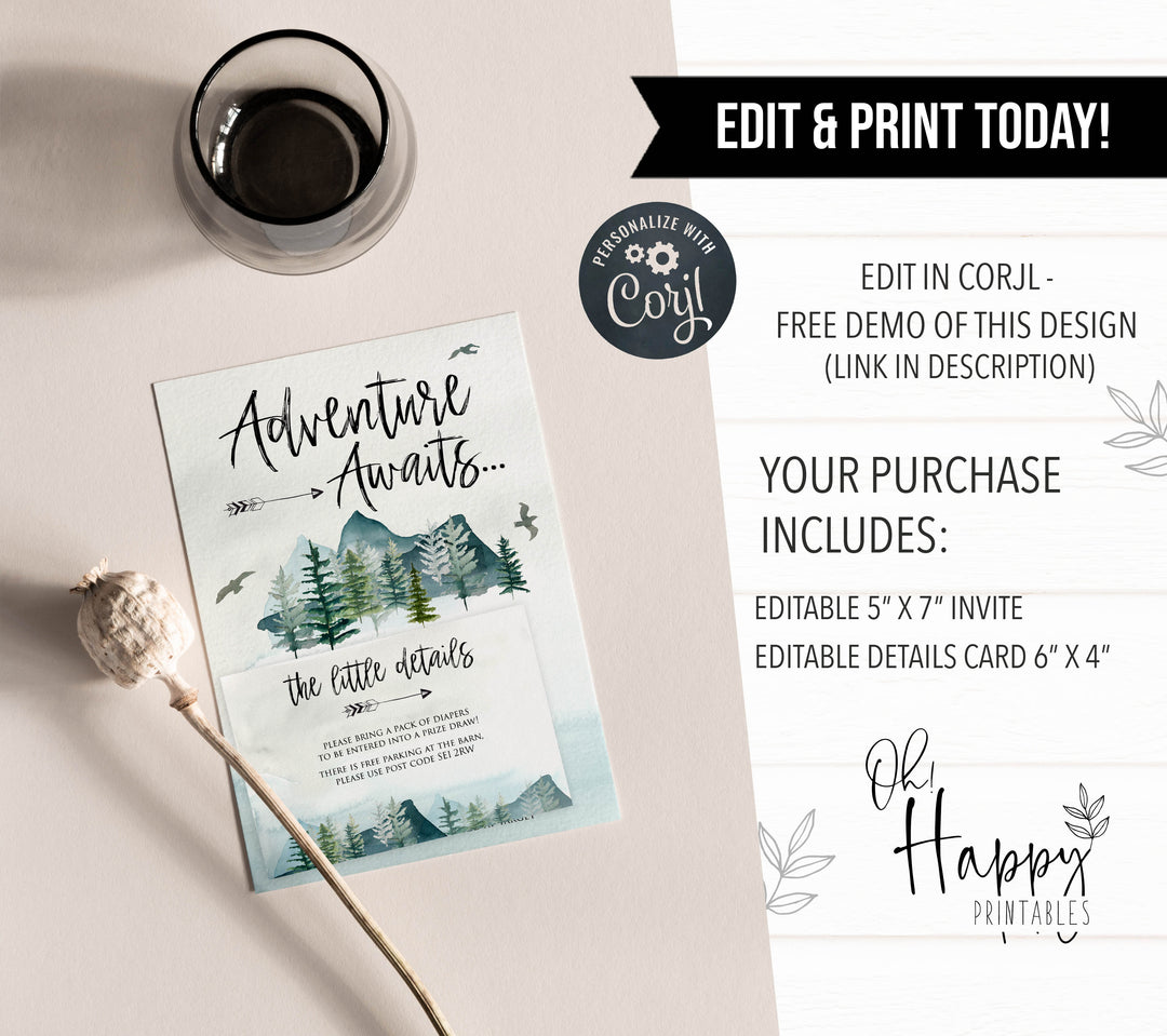 editable baby shower invitations, adventure awaits baby shower invitation, baby invites, baby adventure theme