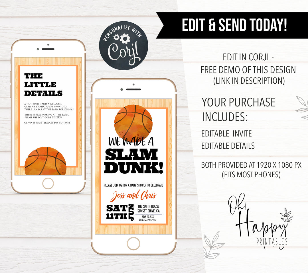 basketball baby shower invitations, printable baby shower invitations, editable baby shower invitations, slam dunk baby shower, fun baby shower invitations