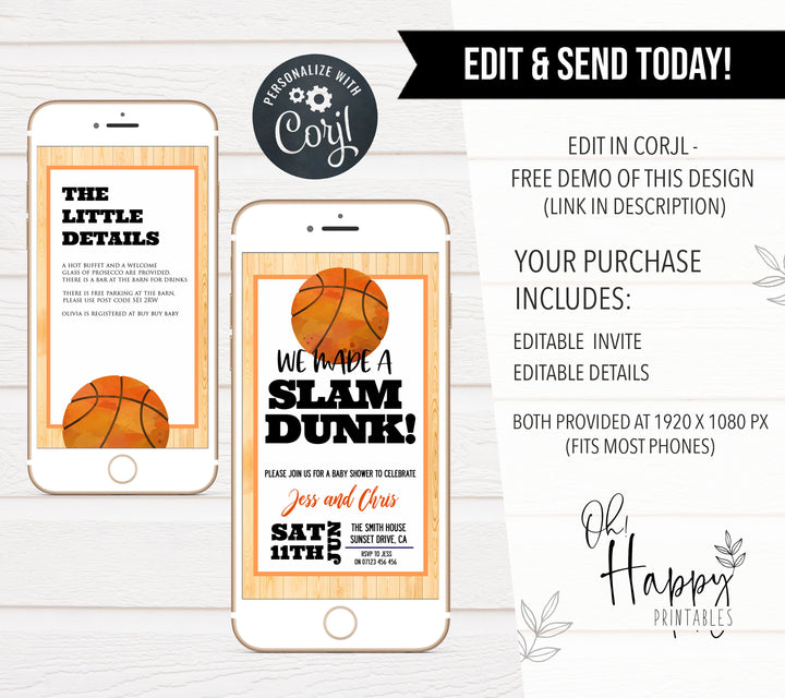basketball baby shower invitations, printable baby shower invitations, editable baby shower invitations, slam dunk baby shower, fun baby shower invitations