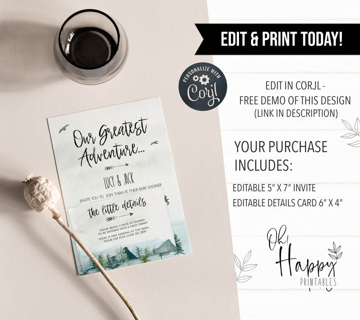 our greatest adventure yet baby shower invitation, editable baby shower invitations, adventure awaits baby shower invitation, baby invites, baby adventure theme