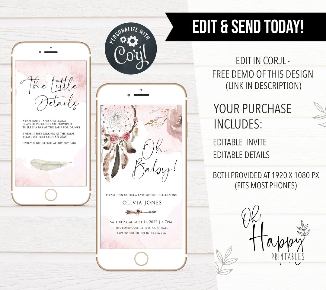 editable baby shower mobile invitation, editable baby shower invites, boho baby shower invitations, boho baby invites, editable mobile invitation