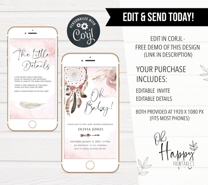 editable baby shower mobile invitation, editable baby shower invites, boho baby shower invitations, boho baby invites, editable mobile invitation