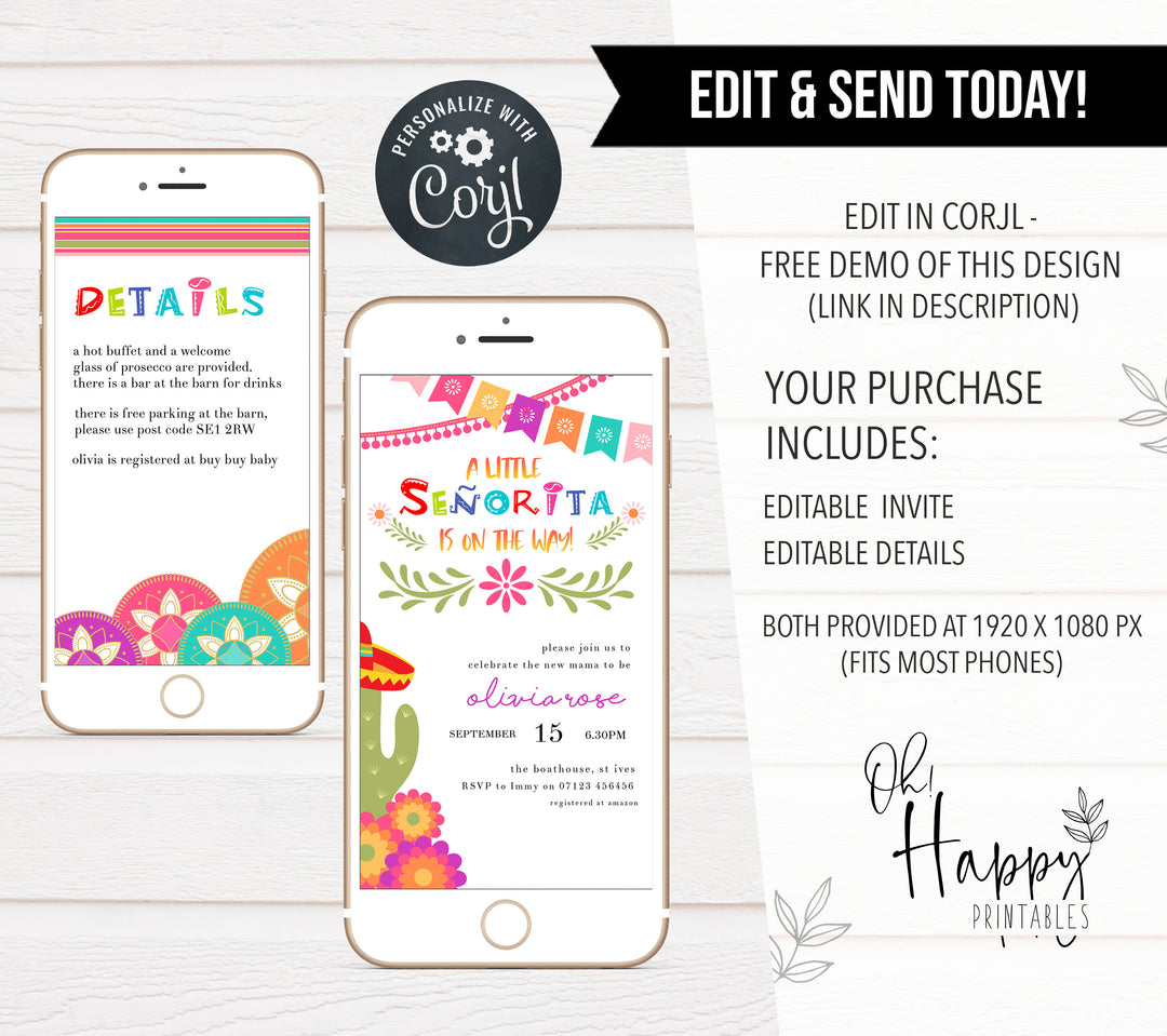 fiesta baby shower theme, printable baby shower invitations, editable baby shower invites, mexican baby shower, baby shower phone invites