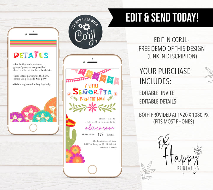 fiesta baby shower theme, printable baby shower invitations, editable baby shower invites, mexican baby shower, baby shower phone invites
