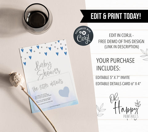 blue hearts baby shower, printable baby shower invitations, editable baby shower invitations, blue hearts baby ideas, boys baby shower invitations