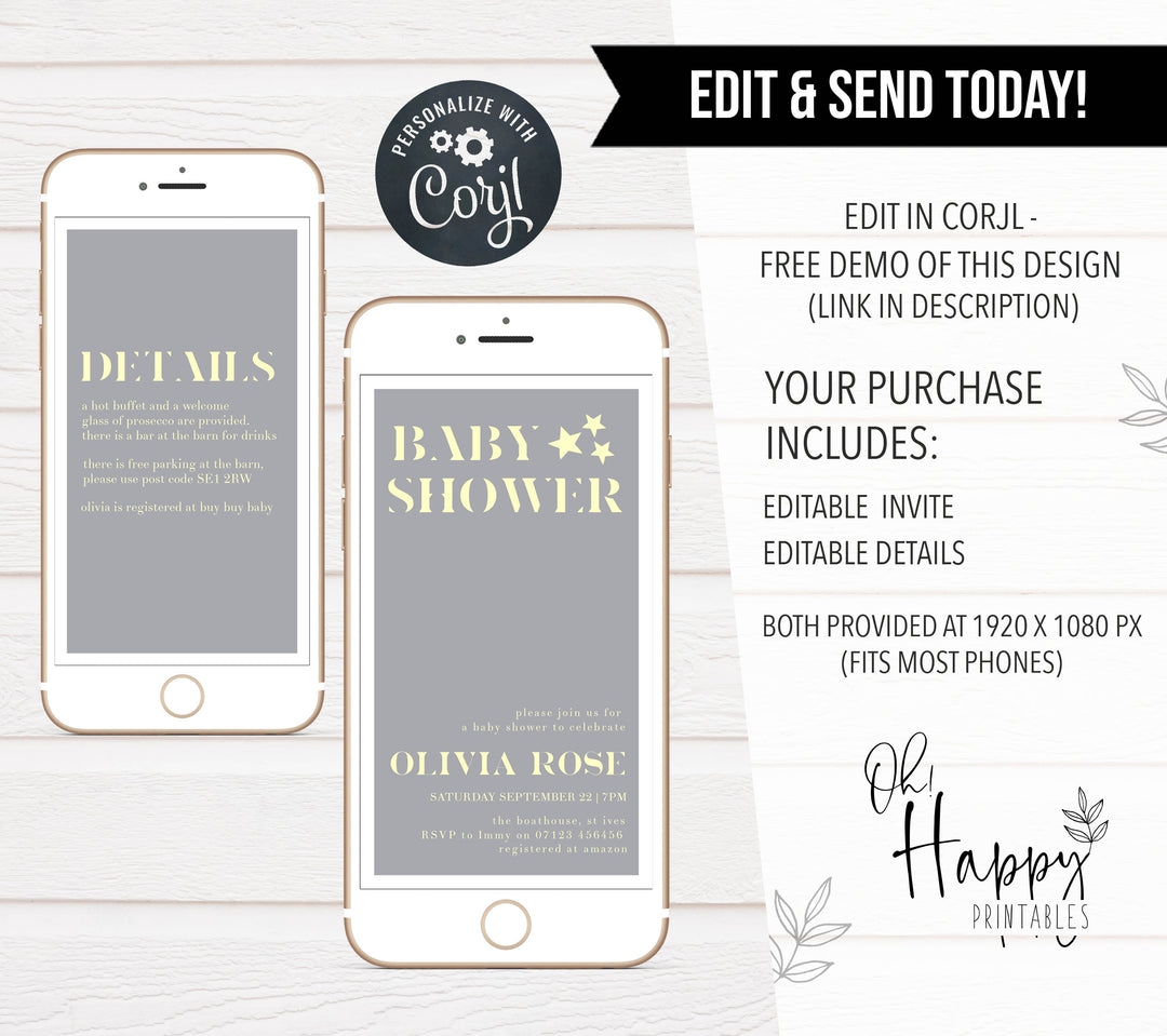 printable baby shower invitations, editable baby shower invitations, star baby shower invitations, fun baby shower invitations, yellow star baby theme, mobile baby shower invitations