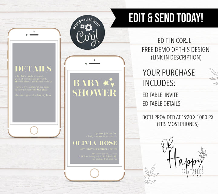 printable baby shower invitations, editable baby shower invitations, star baby shower invitations, fun baby shower invitations, yellow star baby theme, mobile baby shower invitations
