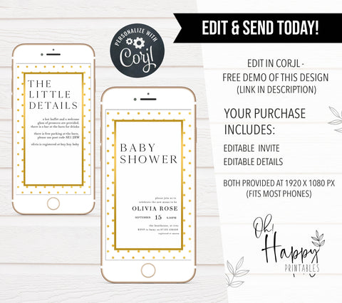 gold baby shower theme, printable baby shower invitations, editable baby shower invitations, gold baby shower, baby shower invites, baby shower mobile invitations
