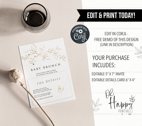 gold leaf baby shower theme, editable baby shower invitations, printable baby shower invitations, gold baby shower invites, gold baby shower mobile invites