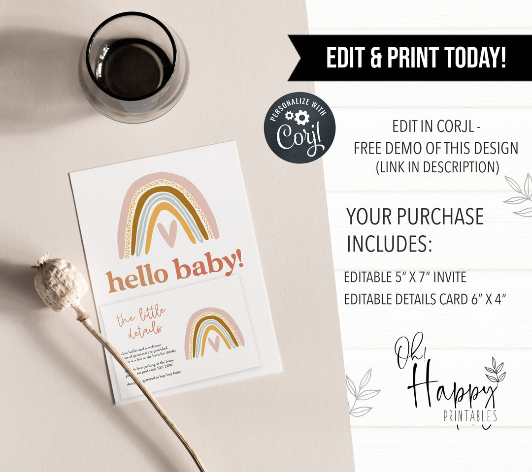 editable boho rainbow baby shower invitations, printable baby shower invitations, boho rainbow baby shower theme, baby shower invites