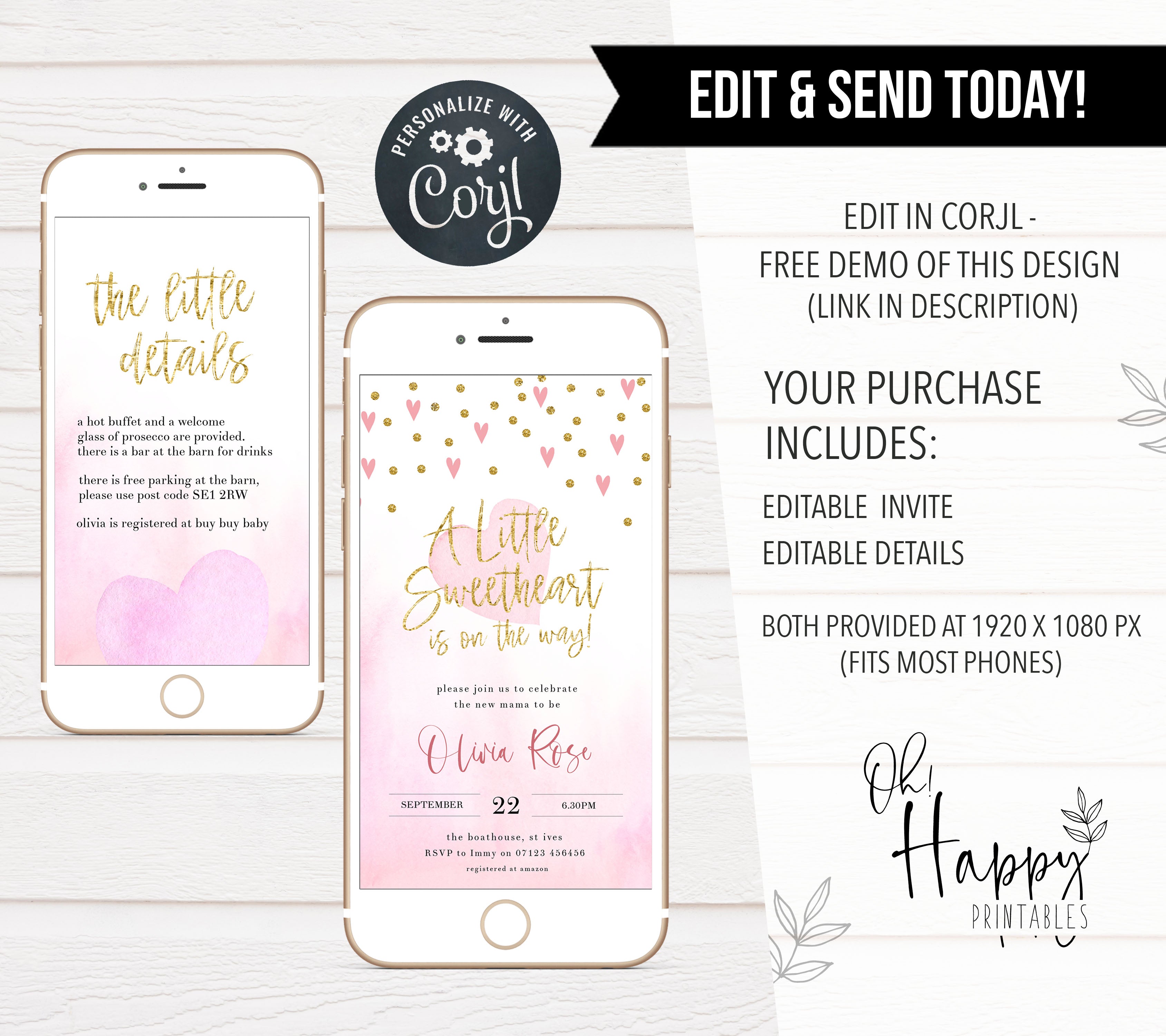 pink hearts baby shower invitations, printable baby shower invitations, editable baby shower invitations, fun baby shower theme, pink baby shower mobile invitations