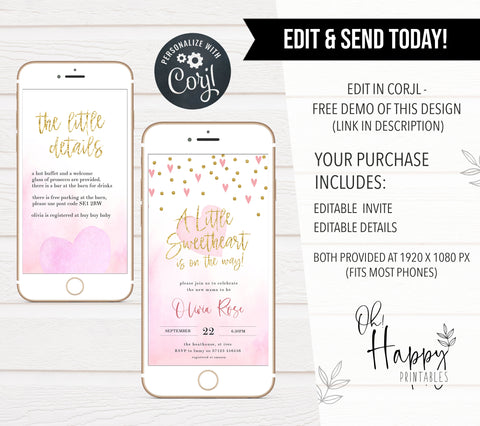 pink hearts baby shower invitations, printable baby shower invitations, editable baby shower invitations, fun baby shower theme, pink baby shower mobile invitations