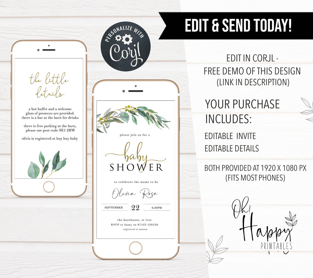 eucalyptus baby shower invitations, printable baby shower invitations, editable baby shower invitations, eucalyptus baby invites, floral baby shower invitations, floral baby invites