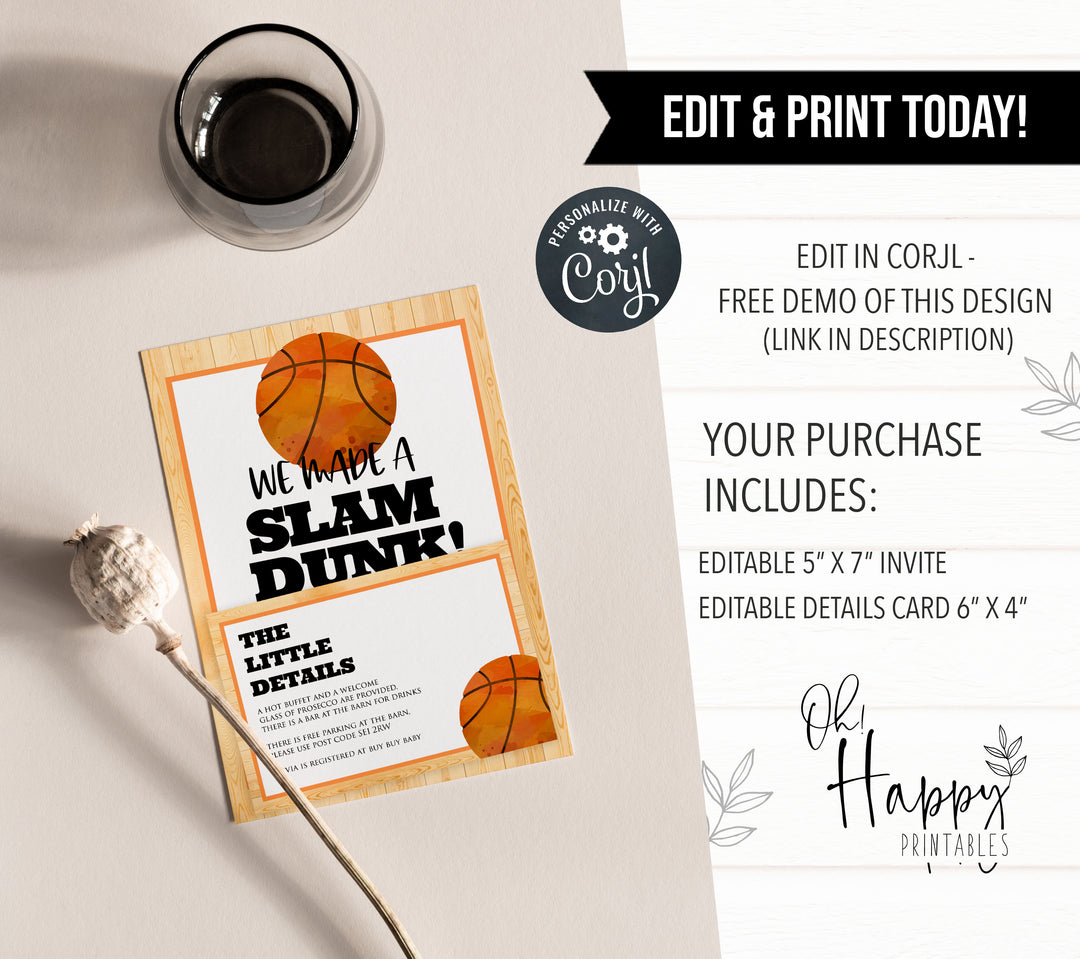 basketball baby shower invitations, printable baby shower invitations, editable baby shower invitations, slam dunk baby shower, fun baby shower invitations