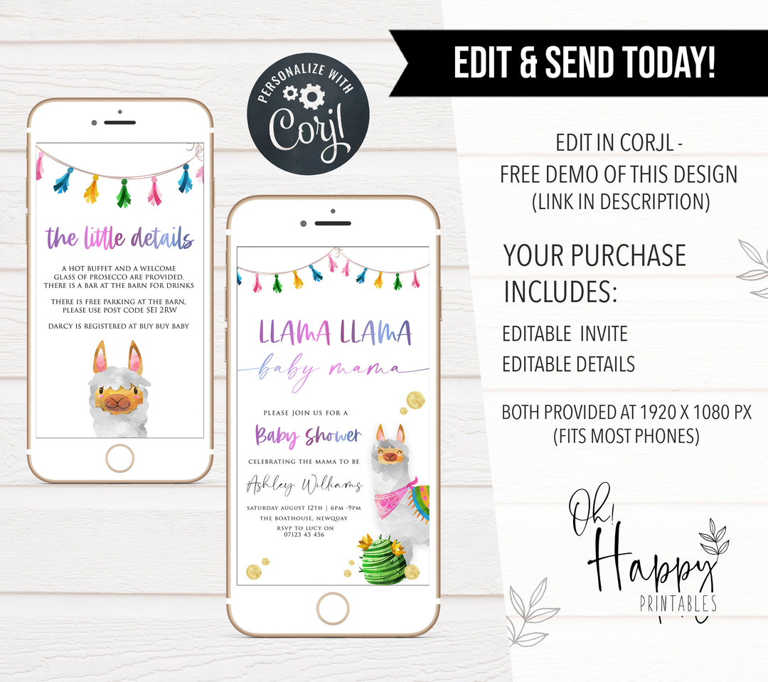 editable llama fiesta baby shower invitations, printable baby shower invitations, llama baby shower theme, llama baby shower invites
