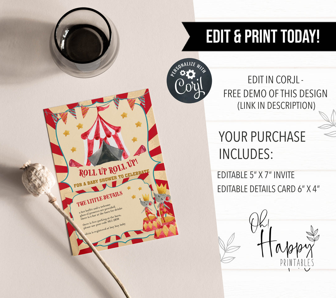 circus baby shower invitations, editable baby shower invitations, printable baby shower invitations, carnival baby shower invitations, fun baby shower invites