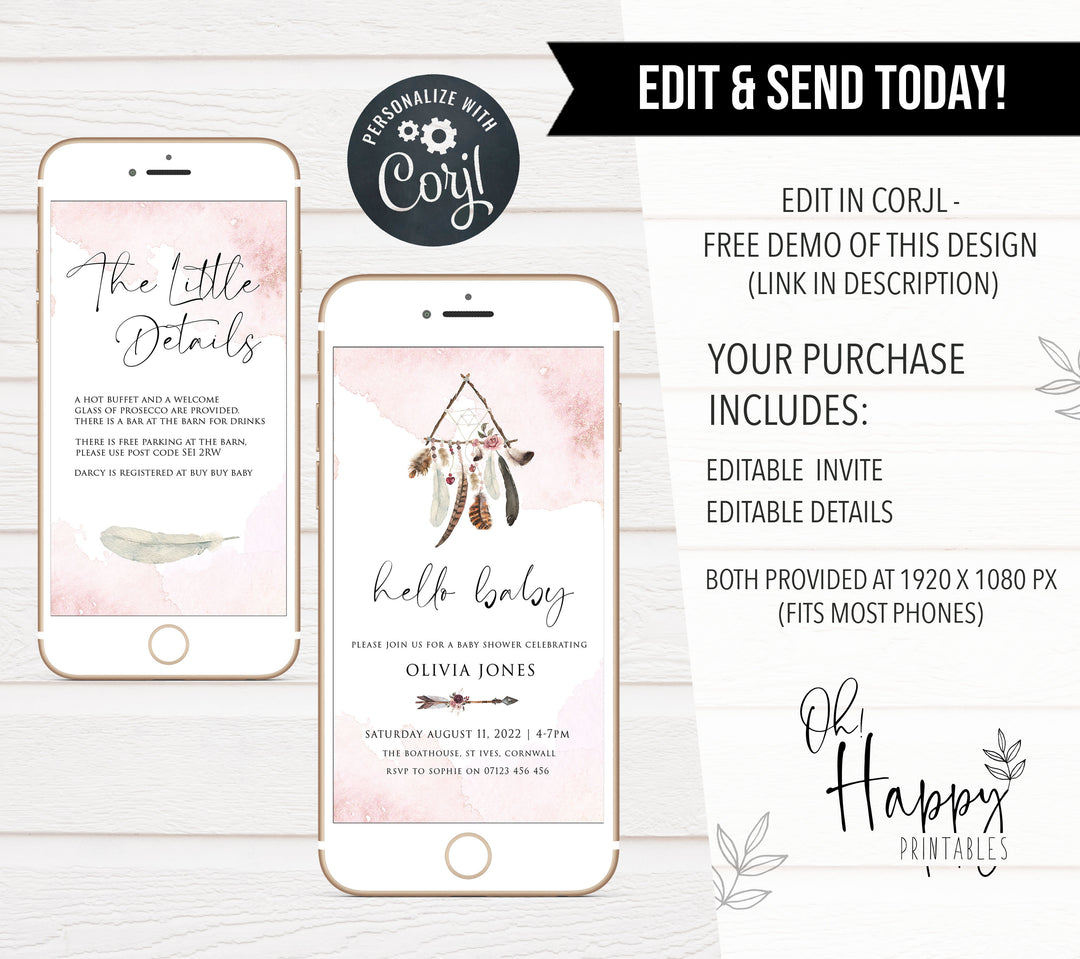 editable mobile baby shower invitations, editable boho baby shower invitations, editable cell phone baby shower invitations