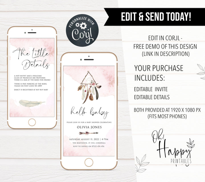 editable mobile baby shower invitations, editable boho baby shower invitations, editable cell phone baby shower invitations