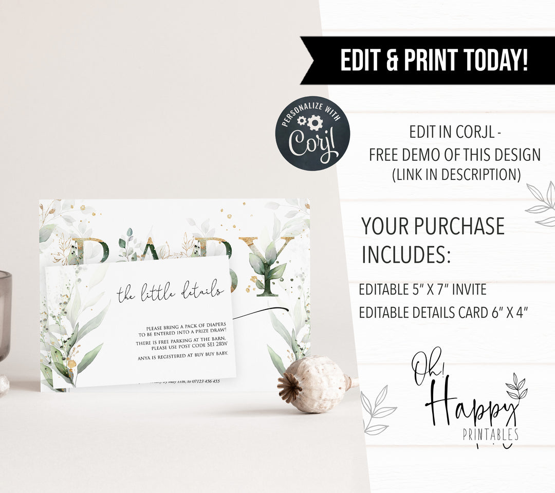 floral gold baby shower invitation, editable baby shower invitation, floral baby shower invite