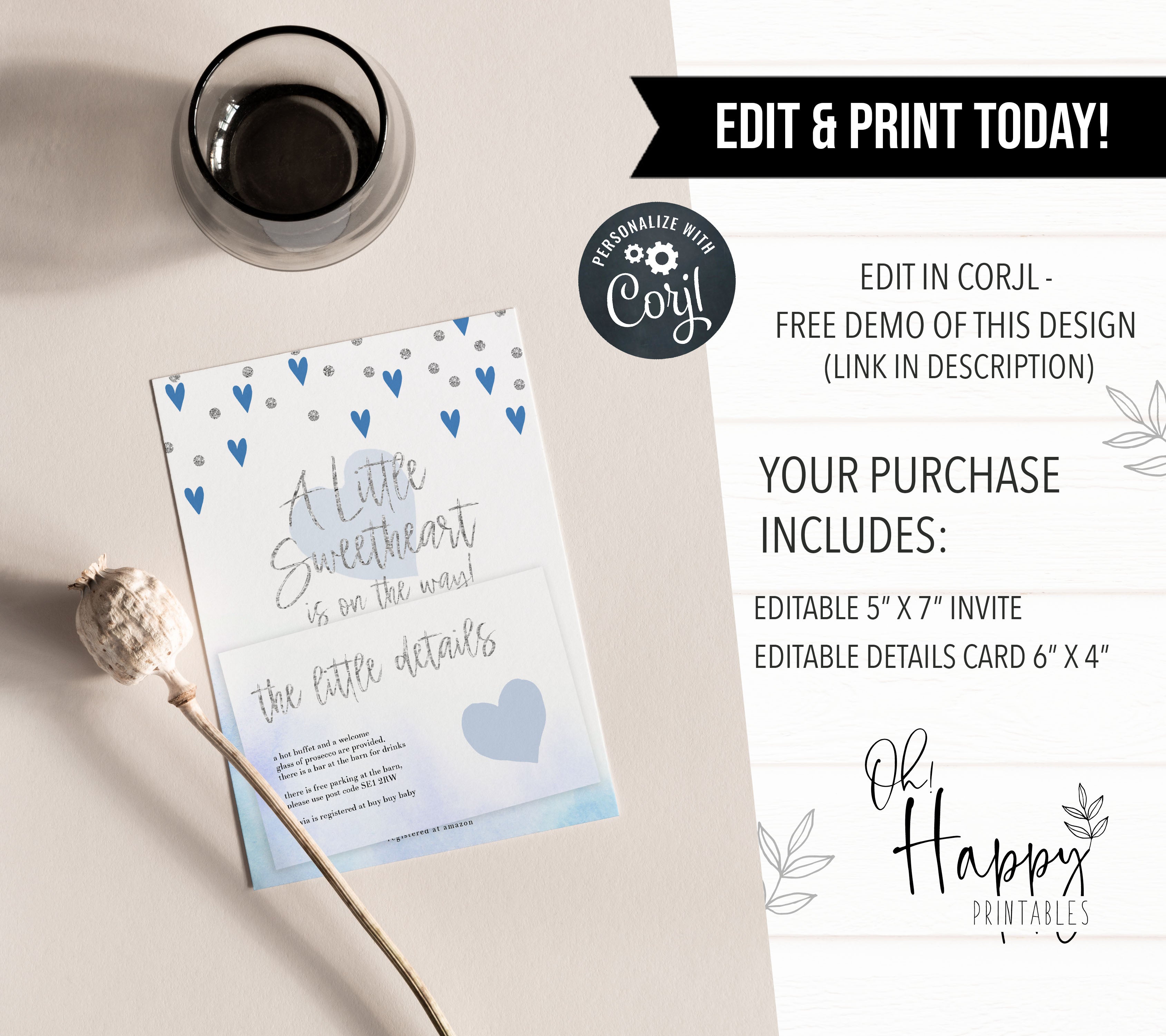 blue hearts baby shower, printable baby shower invitations, editable baby shower invitations, blue hearts baby ideas, boys baby shower invitations