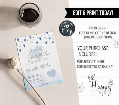 blue hearts baby shower, printable baby shower invitations, editable baby shower invitations, blue hearts baby ideas, boys baby shower invitations
