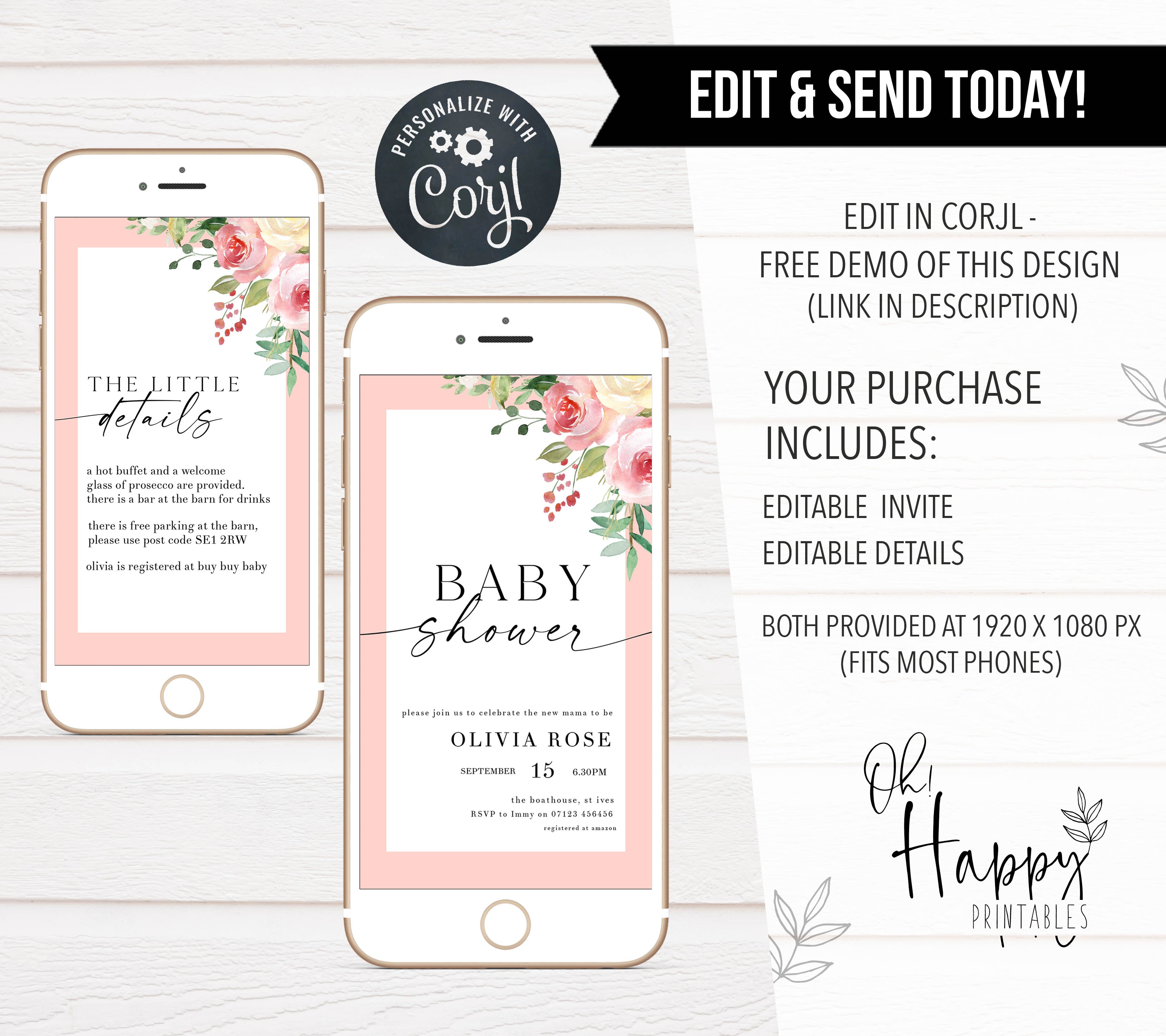 spring floral baby shower invitations, printable baby shower invitations, editable baby shower invitations, floral baby shower invites, mobile baby shower invites