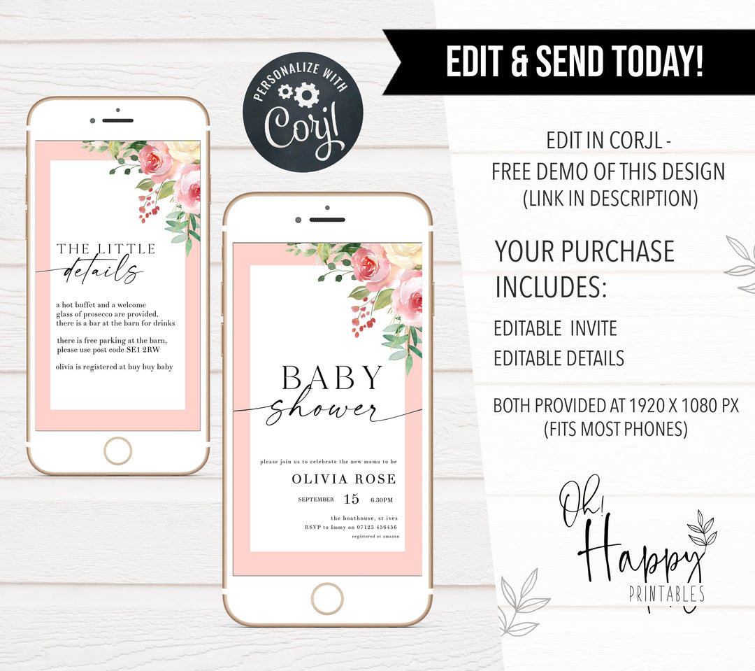 spring floral baby shower invitations, printable baby shower invitations, editable baby shower invitations, floral baby shower invites, mobile baby shower invites