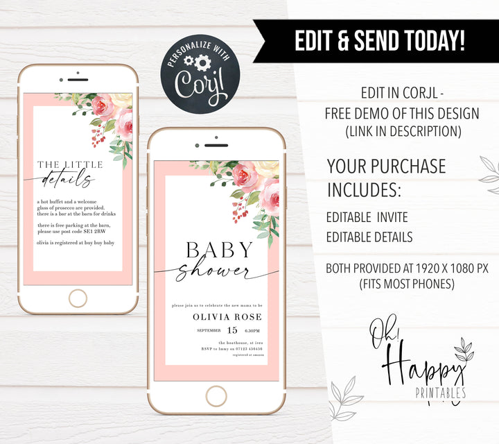 spring floral baby shower invitations, printable baby shower invitations, editable baby shower invitations, floral baby shower invites, mobile baby shower invites