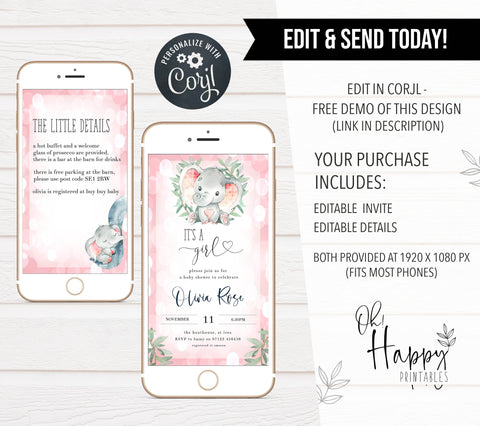 pink elephant baby shower invitations, printable baby shower invitations, editable baby shower invitations, pink elephant baby shower invitations, mobile baby shower invites