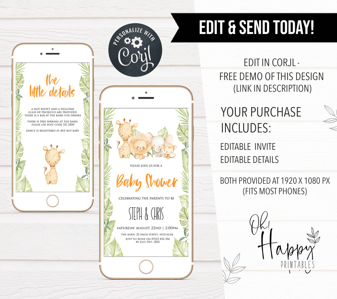 editable safari baby shower invite, editable mobile baby shower invitation, safari baby shower theme, editable baby invites
