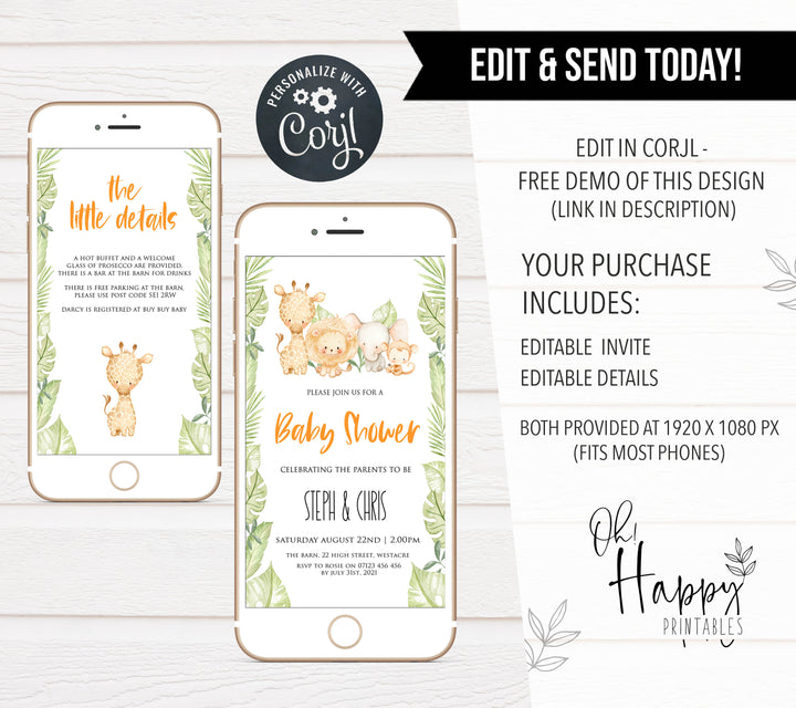 editable safari baby shower invite, editable mobile baby shower invitation, safari baby shower theme, editable baby invites