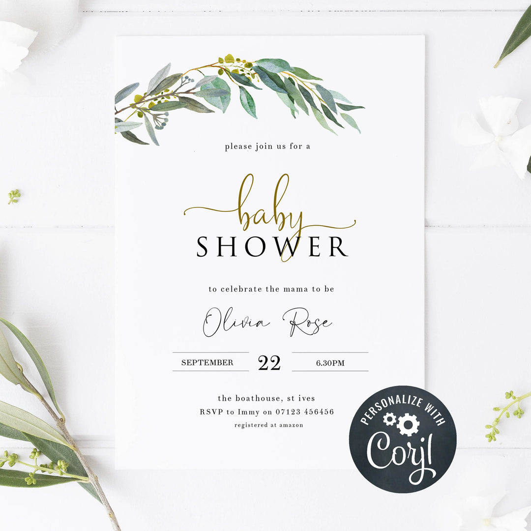 eucalyptus baby shower invitations, printable baby shower invitations, editable baby shower invitations, eucalyptus baby invites, floral baby shower invitations, floral baby invites