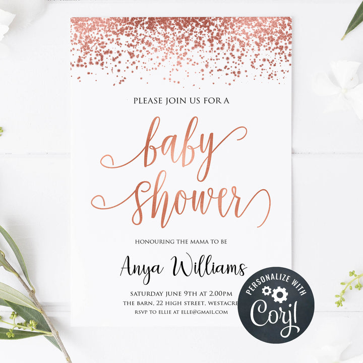 editable rose gold baby shower invitations, printable baby shower invitation, rose gold baby shower invites, rose gold baby theme