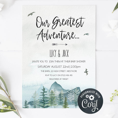 our greatest adventure yet baby shower invitation, editable baby shower invitations, adventure awaits baby shower invitation, baby invites, baby adventure theme