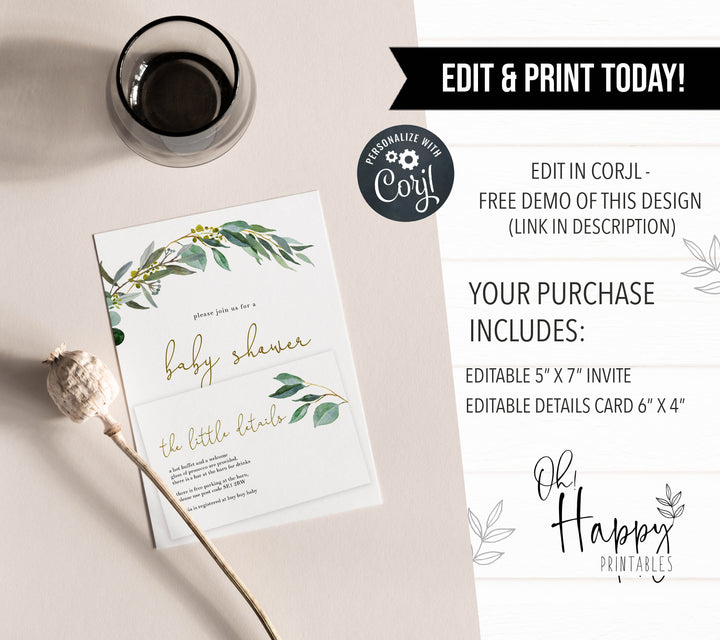 eucalyptus baby shower invitations, printable baby shower invitations, editable baby shower invitations, eucalyptus baby invites, floral baby shower invitations, floral baby invites