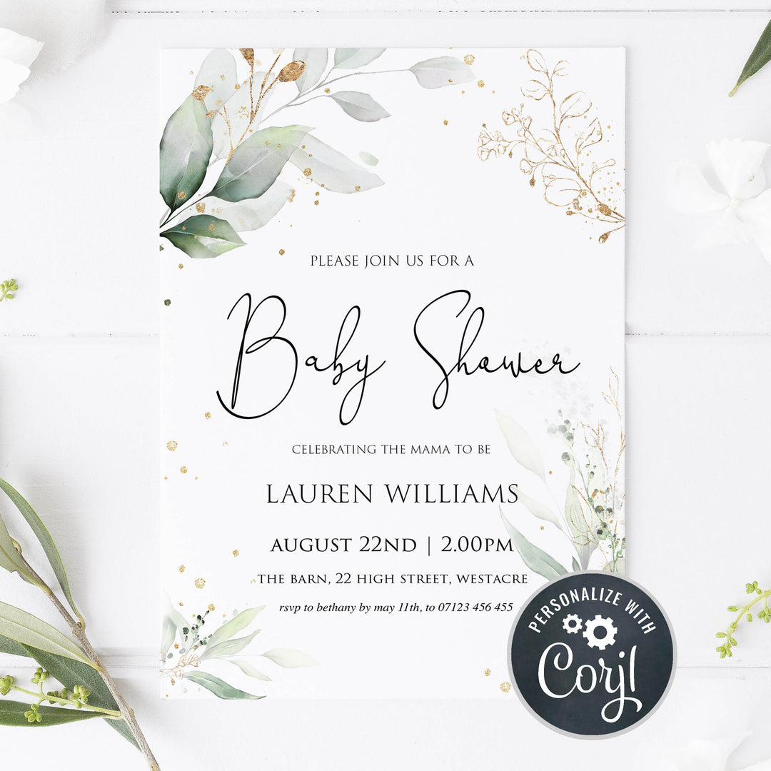 gold leaf baby shower invitations, baby shower invitations, editable baby shower invites, floral baby shower invite