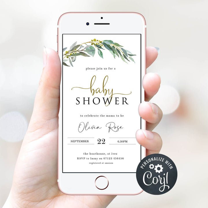 eucalyptus baby shower invitations, printable baby shower invitations, editable baby shower invitations, eucalyptus baby invites, floral baby shower invitations, floral baby invites