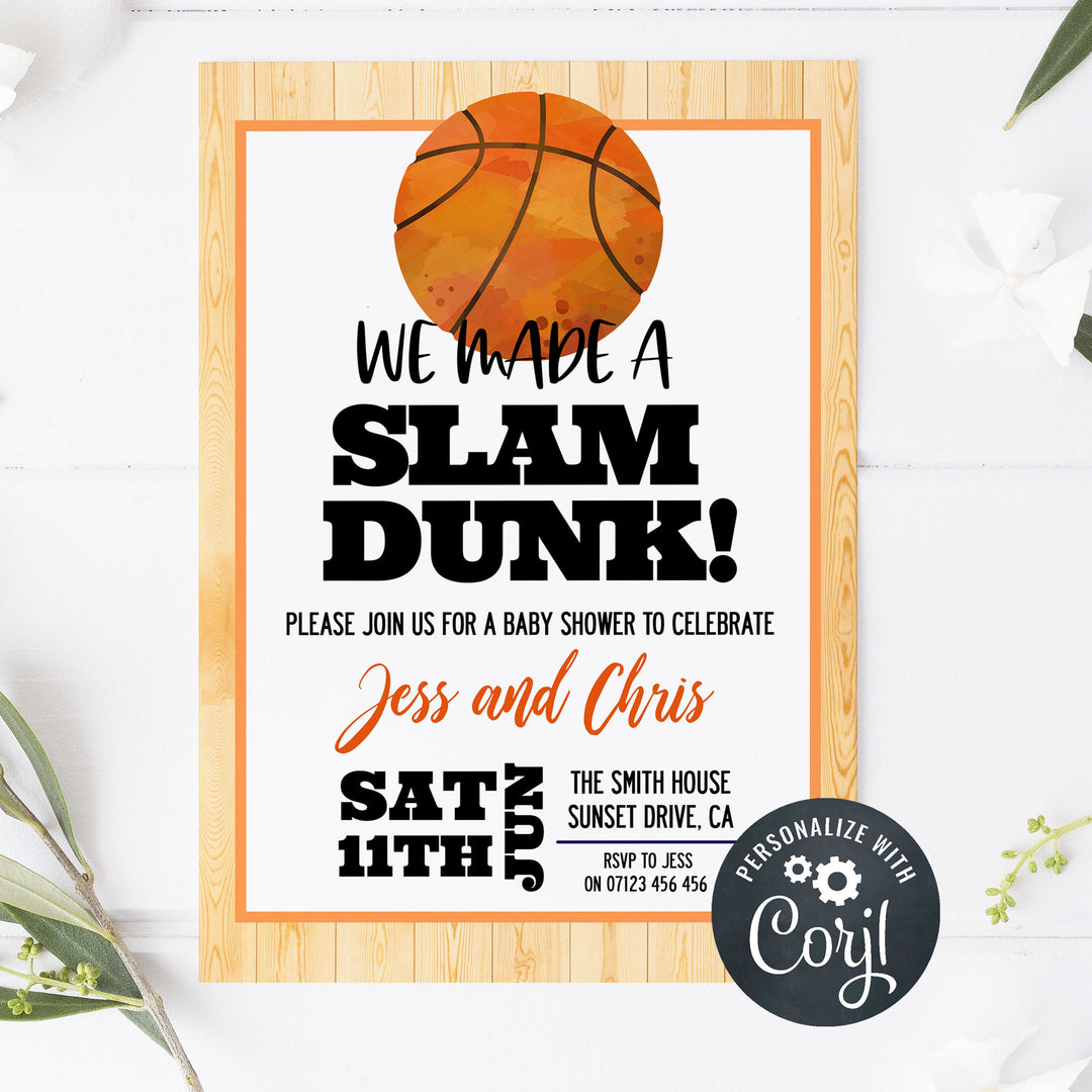 basketball baby shower invitations, printable baby shower invitations, editable baby shower invitations, slam dunk baby shower, fun baby shower invitations