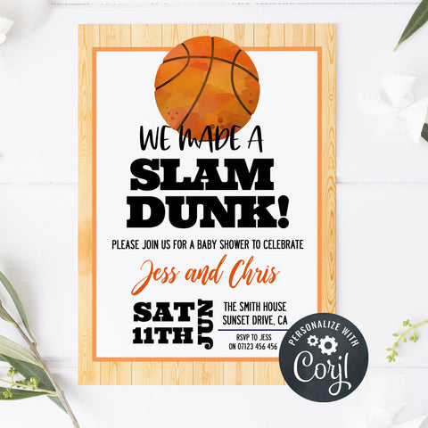 basketball baby shower invitations, printable baby shower invitations, editable baby shower invitations, slam dunk baby shower, fun baby shower invitations