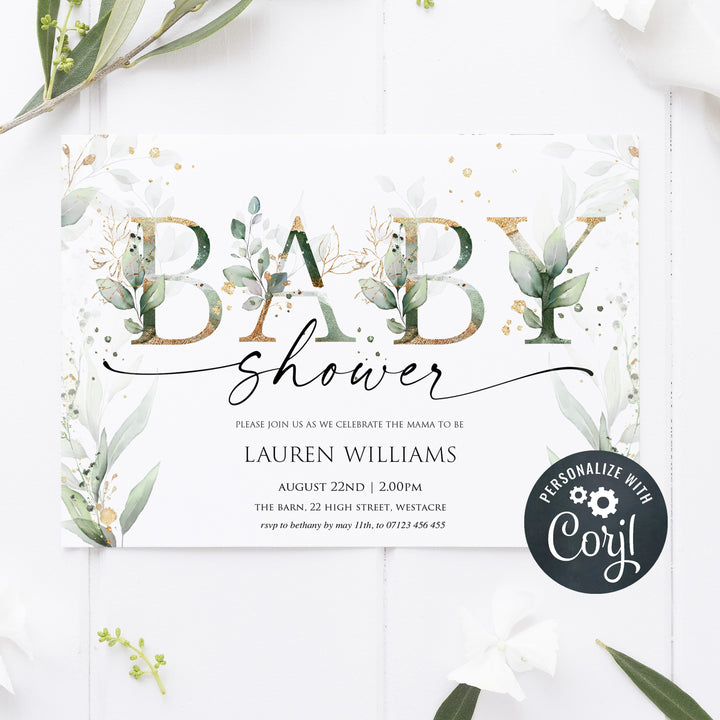 floral gold baby shower invitation, editable baby shower invitation, floral baby shower invite