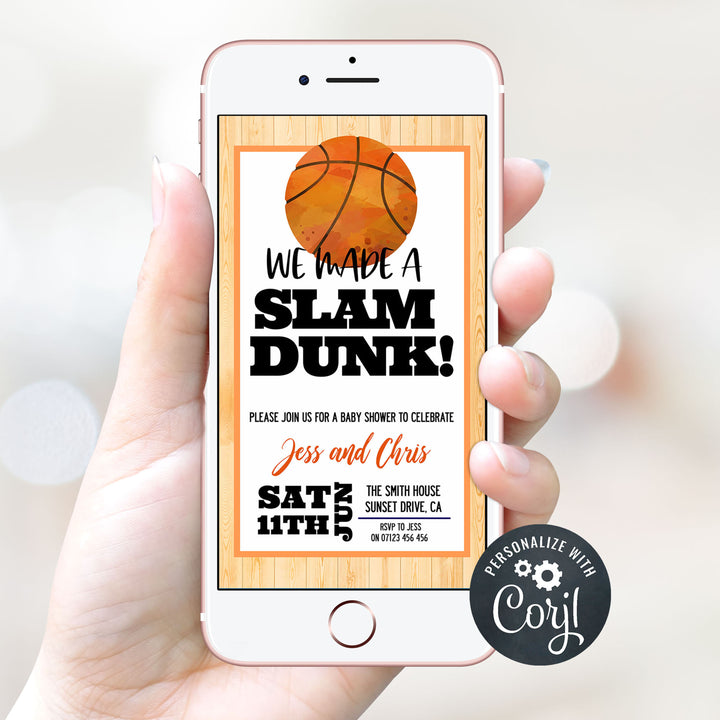 basketball baby shower invitations, printable baby shower invitations, editable baby shower invitations, slam dunk baby shower, fun baby shower invitations