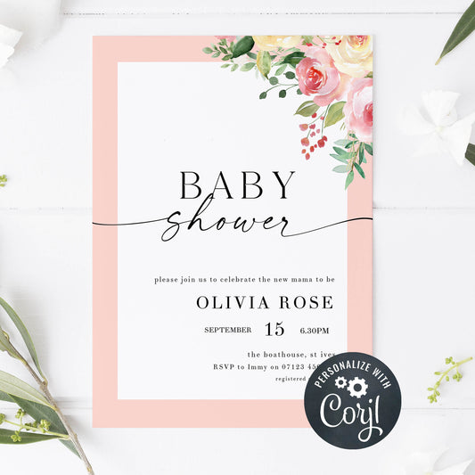 spring floral baby shower invitations, printable baby shower invitations, editable baby shower invitations, floral baby shower invites, mobile baby shower invites